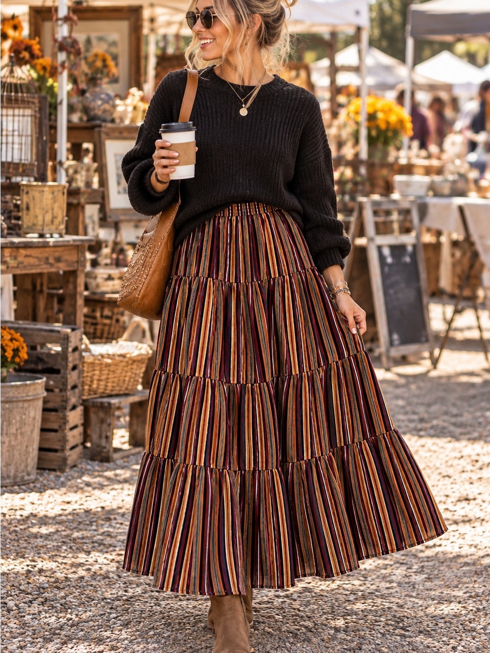 South of the Border Catherine Dial Easley Tiered Striped Cotton Maxi Skirt M